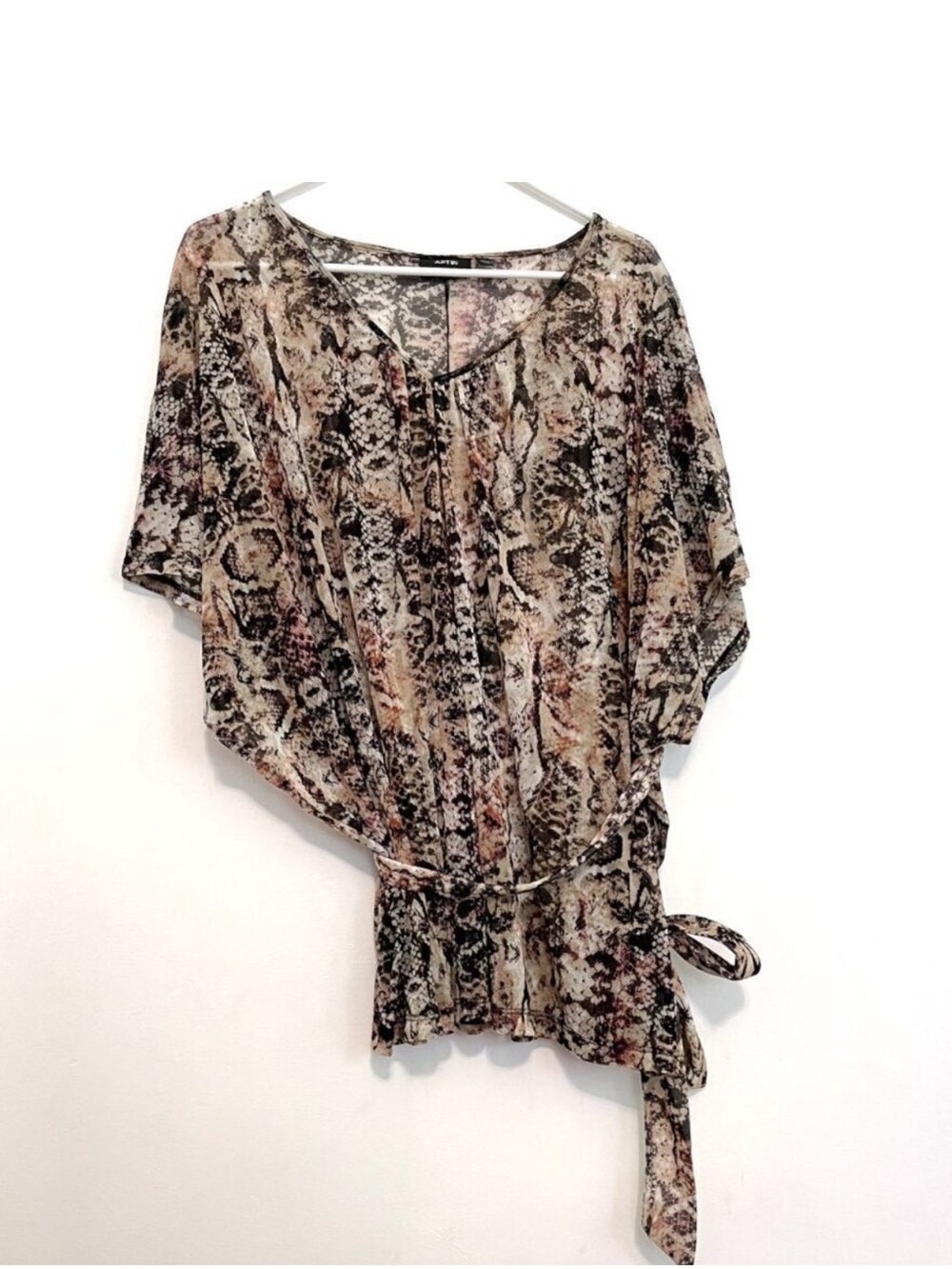 APT. 9 Plus Size Cream Beige Black Brown Snakeskin Snake Belted Tie Mesh Blouse